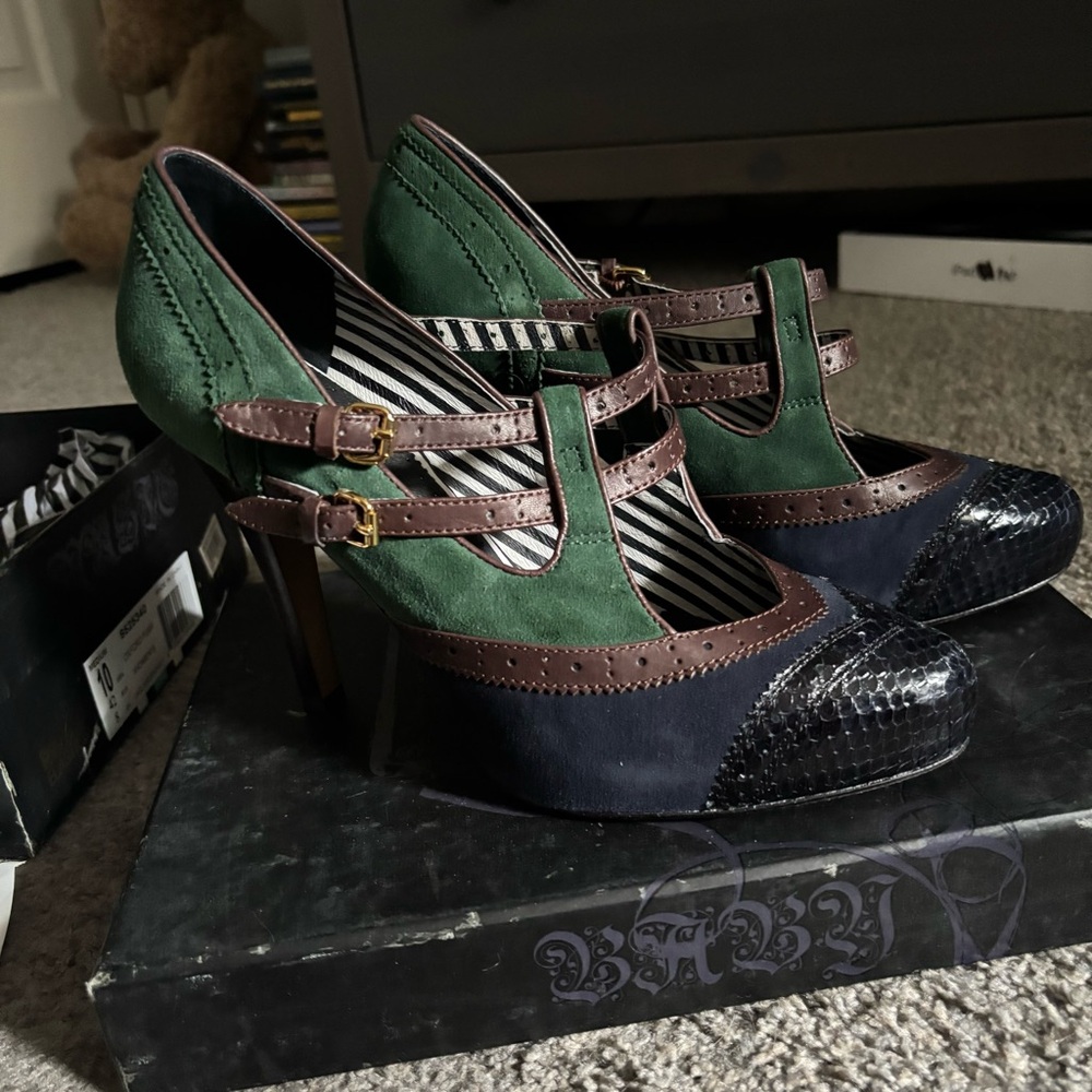 L.A.M.B. Green and Blue Vintage Heels with Brogue Details
